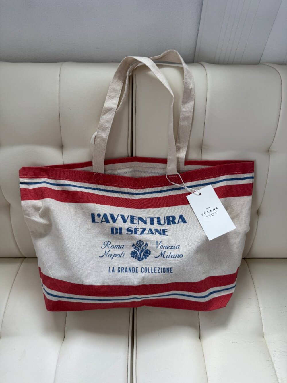 NWT Sezane limited edition Italy l'Avventura cotton canvas tote red stripe heart - Picture 2 of 8